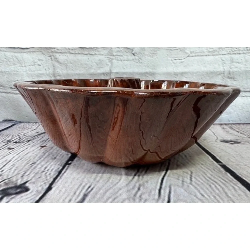 Vintage Brown Drip Glaze Pottery Bundt Cake Pan Mold 7